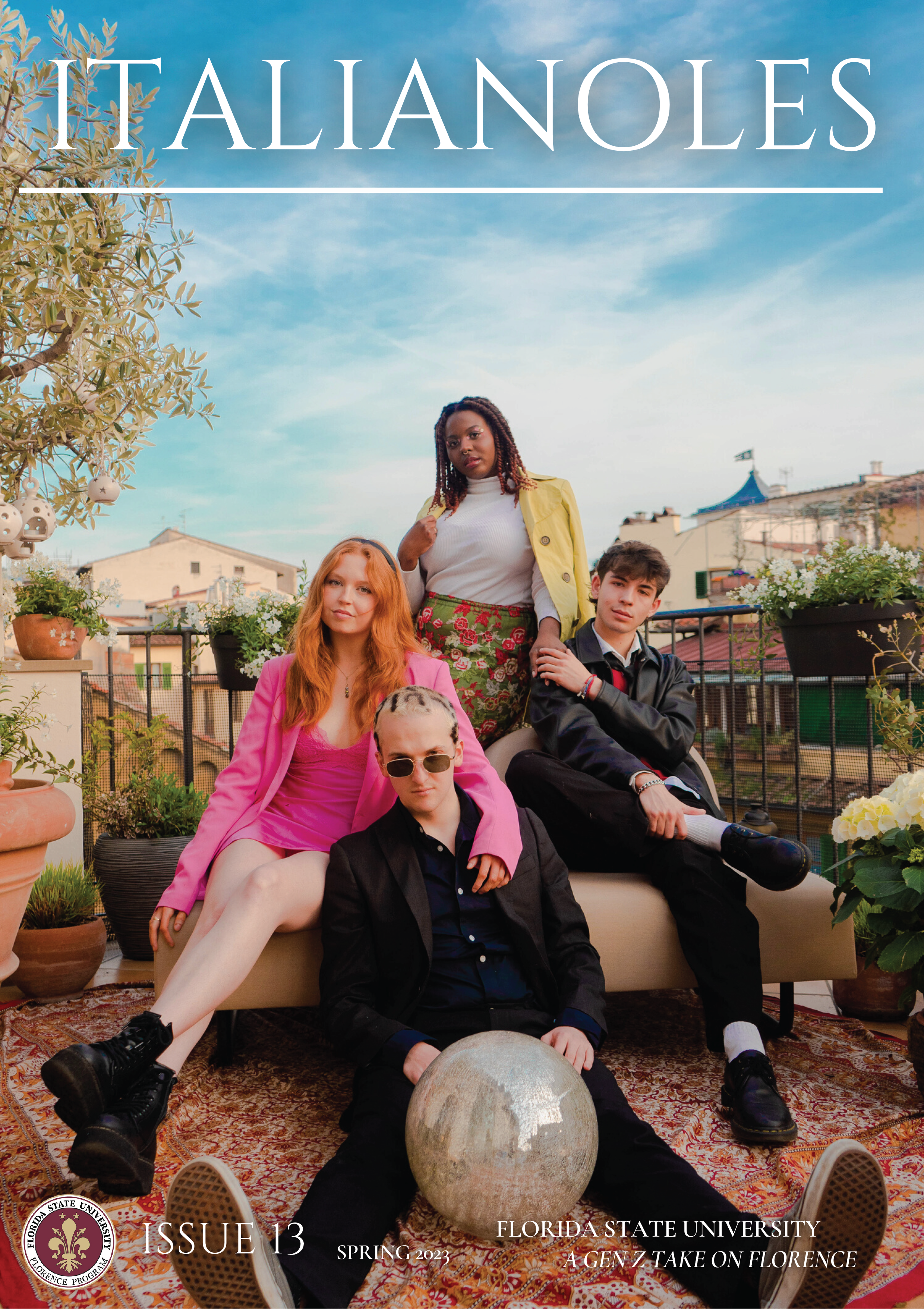 Cover for Italianoles volume 13, for spring 2023 with the subtitle A Gen Z take on Florence. A group of four young adults in fashionable clothing sit posed on a rooftop overlooking an urban skyline.