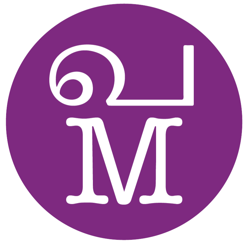 A circular logo with white letters on a purple background with the letter P in Grantha script over the letter M in American typewriter font.