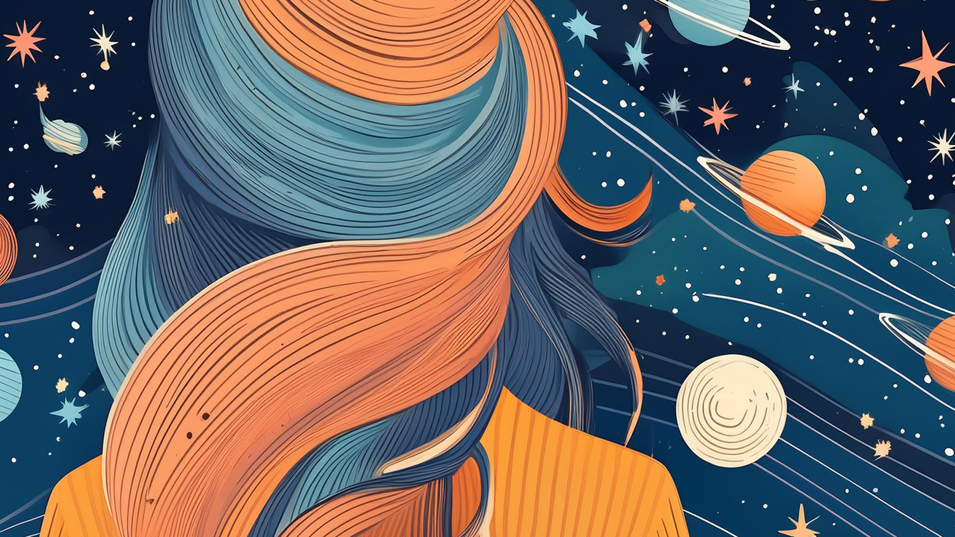 Illustration of a girl looking at space in blues and oranges