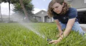 In this photo released from the University of Florida’s Institute of Food and Agricultural Sciences, extension agent Janet Bargar checks the water flow and direction of a pop-up irrigation system at a home in Vero Beach.