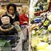 A mother listens to her son in the fresh produce aisle at the market.