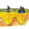 A concept drawing of a landscape after clay deposition, reclamation, and several years into the differential settling process.