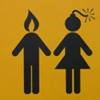 A graphic of a man with a flame for a head standing with a woman with a bomb for a head.