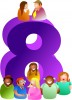 Graphic of the number eight with people around it.