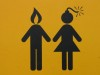 Graphic of a man and woman depicted with their heads as a fire and bomb.