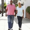 An elderly couple on a walk.