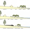 Coastal ecosystem migration is blocked by a road with a revetment (a sloping structure on the shore to absorb wave energy). Panel A shows current conditions in an idealized coastal profile. Panel B shows how ecosystems migrate inland as sea level rises. Panel C shows how migration can be blocked by a barrier, such as a road, trapping ecosystems between rising water and the barrier and reducing or eliminating them.