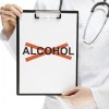 A doctor holding up a clipboard with the word 'alcohol' crossed out with a red X.