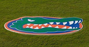 University of Florida's gator head logo painted onto a lawn