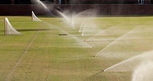 Sprinklers watering athletic fields. UF/IFAS Photo by Tyler Jones.