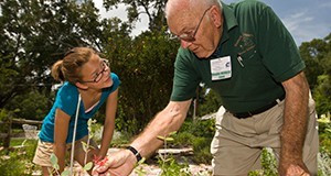 A Master Gardener teaching and working with a youth in a garden