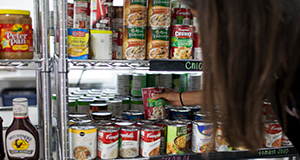 A volunteer stocking shelves with canned food at the Field and Fork Pantry on UF's campus.