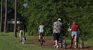 Four people with bicycles on a trail.