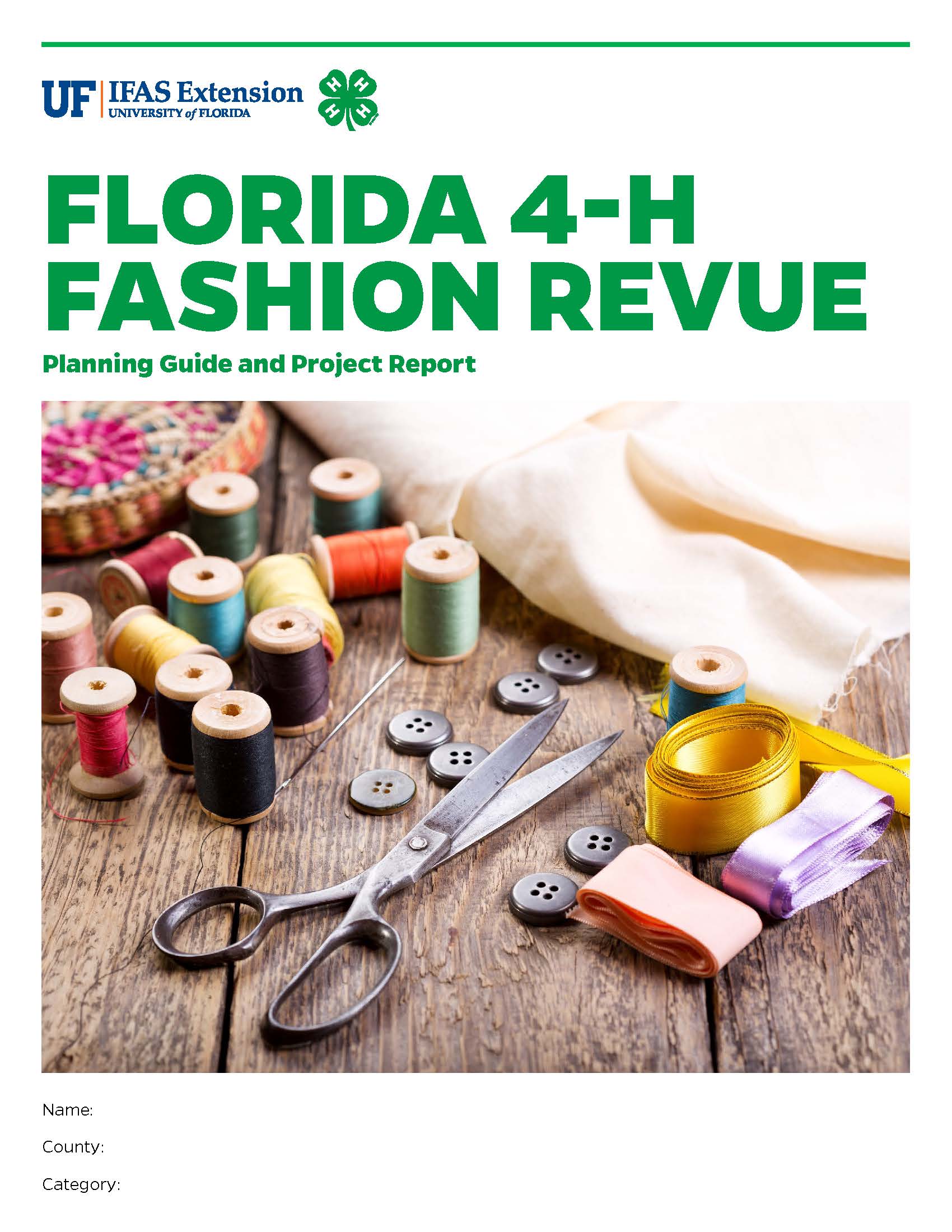 Guide cover featuring sewing supplies: spools, ribbon, fabrics, and scissors.