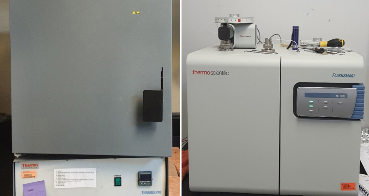 Incinerator for measuring carbon (left) and Dry Combustion Elemental Analyzer (right).
