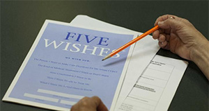 Closeup of a Five Wishes document. Advance planning for care is one way individuals can clarify and communicate their preferences for future care. Credit: UF/IFAS.