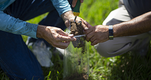 Two people hold a plastic bag open while one of them scoops a soil sample into the bag.