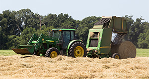 Hay baling at the UF/IFAS North Florida Research and Education Center in Marianna, FL. UF/IFAS Photo by Tyler Jones.