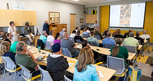 Devan Rawn giving a presentation in the UF/IFAS Honey Bee Research and Extension Lab. Photo taken 03-17-23. UF/IFAS Photo by Cat Wofford.