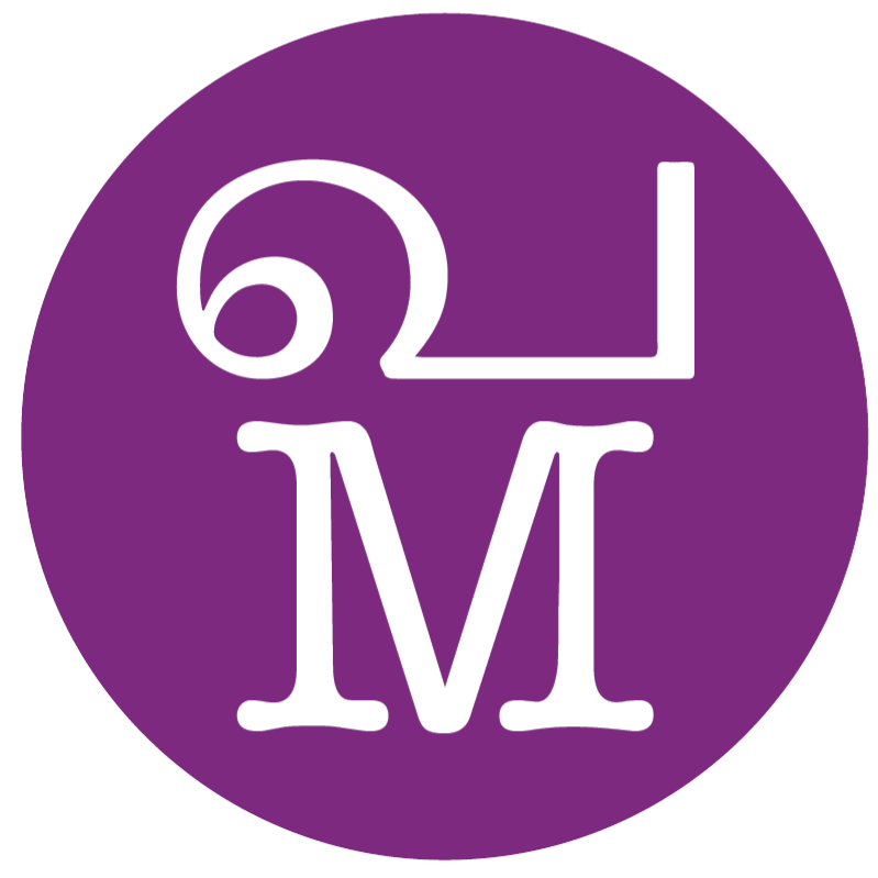 Purana Media logo: A purple roundel with the Grantha script ‘pa’ atop the English script 'M' character